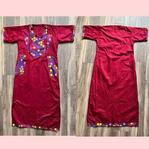 Vintage 70s Kaftan Cotton Burgundy Red Pink Geometric Sz XL Pockets Maxi Dress